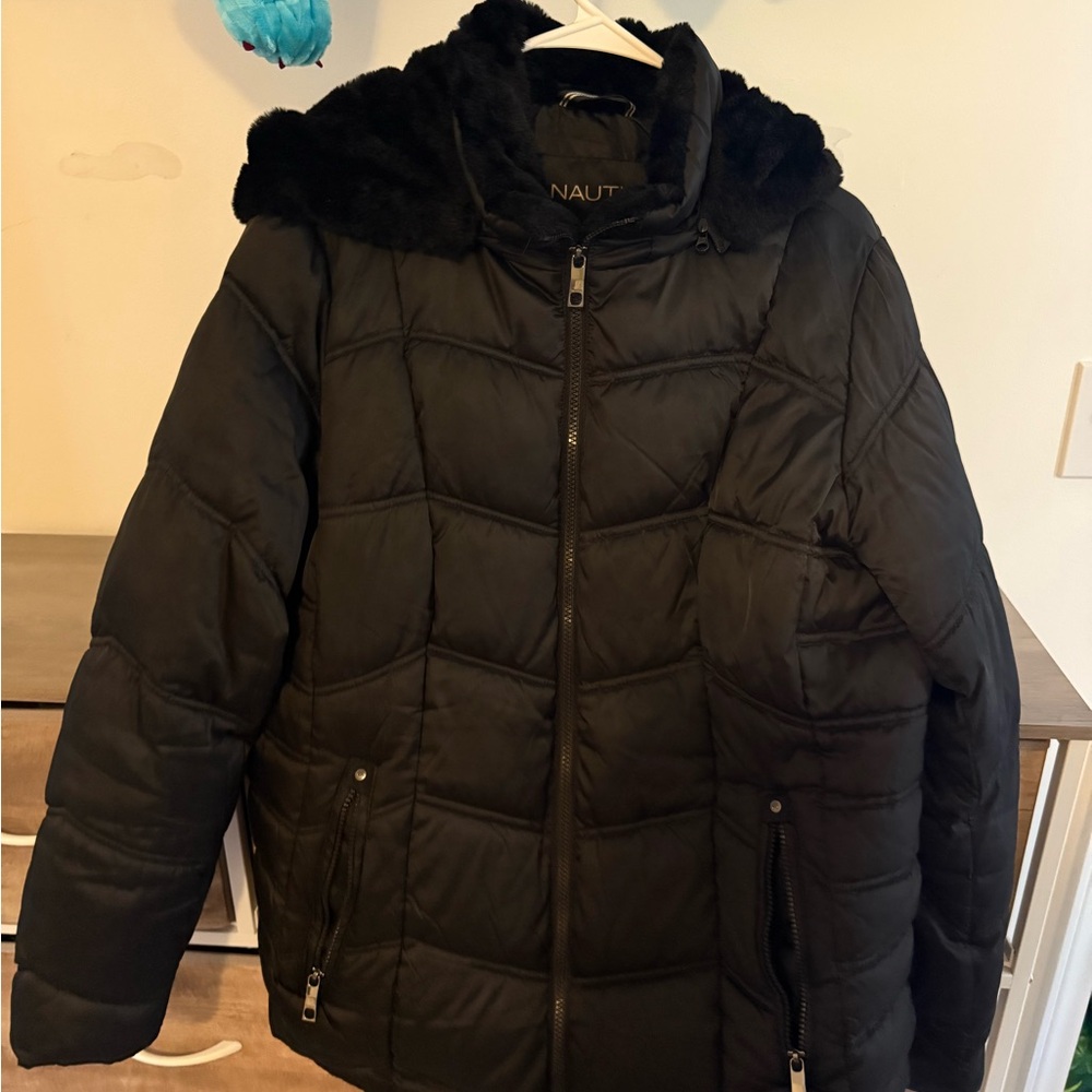 Nautica Black Quilted Jacket with Faux Fur Hood